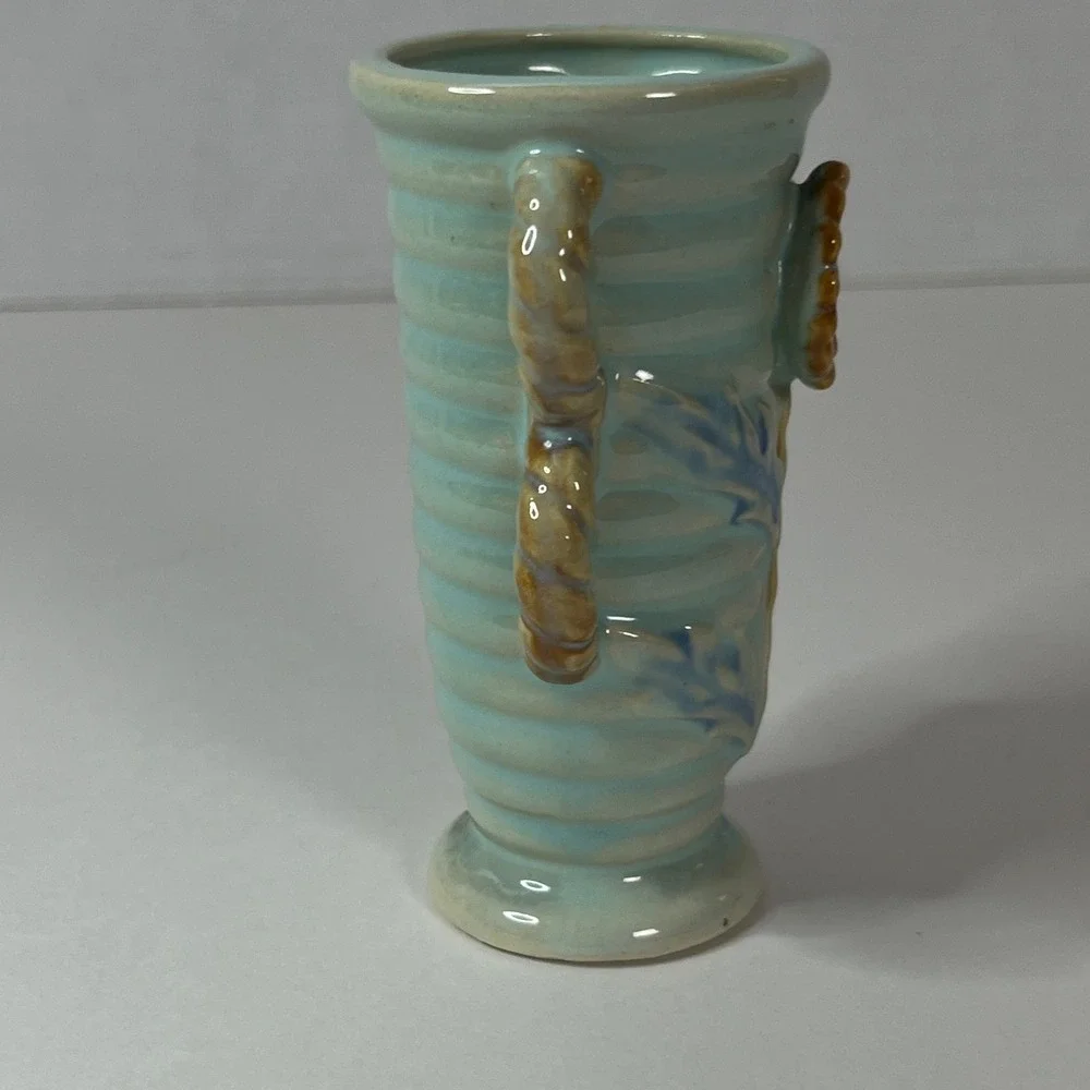 Vintage Japan Ceramic Sunflower Bud Vase Blue Ribbed Double Rope Handle Pottery